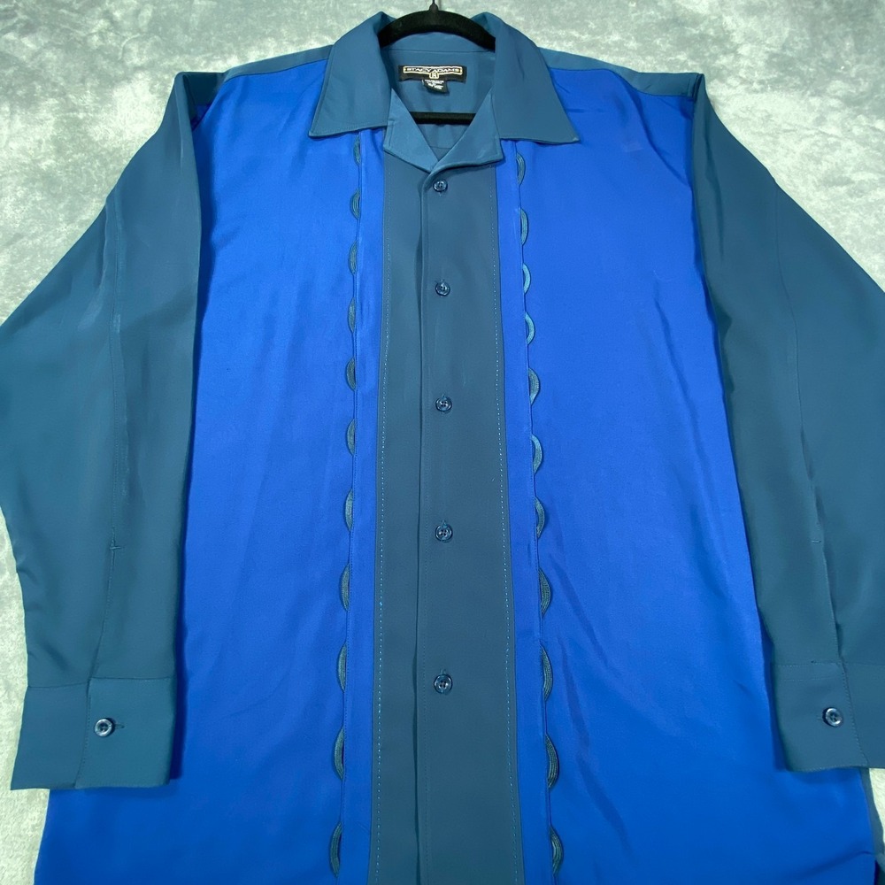 Stacy Adams Shirt Mens XL Blue Colorblock Disco Lounge Y2K Button Up Retro Club